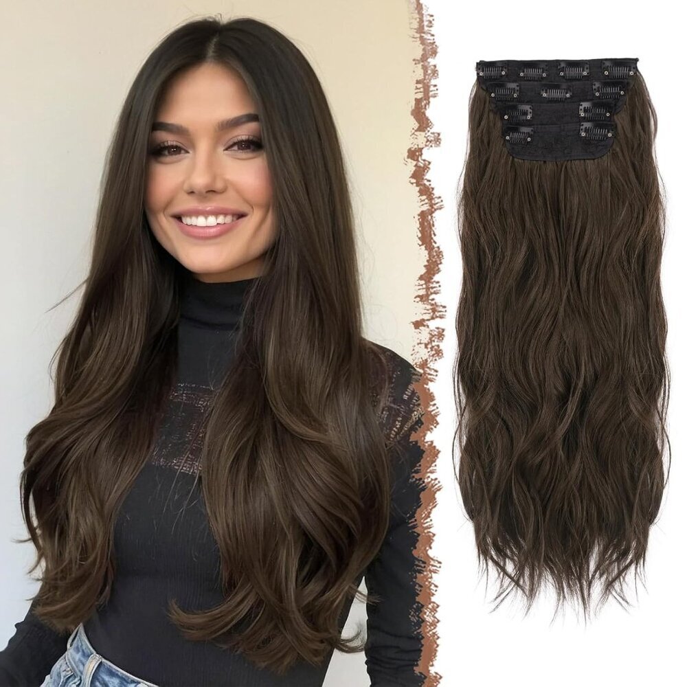Clip In Hair Extensions Synthetic Wavy 20in Dark Brown Thick Double Weft